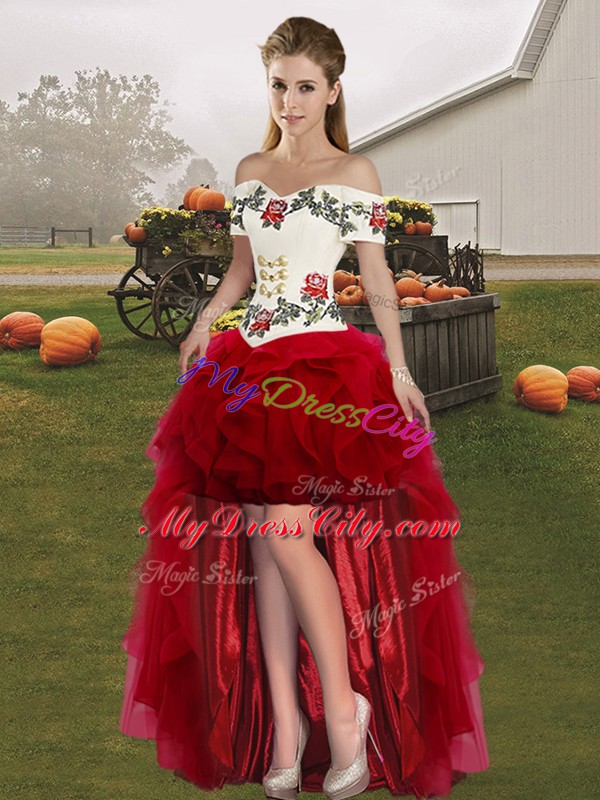 Exceptional Off The Shoulder Sleeveless Prom Gown High Low Embroidery Wine Red Tulle