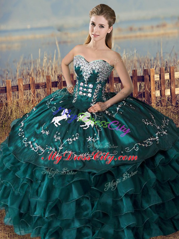 Peacock Green Ball Gowns Sweetheart Sleeveless Satin and Organza Floor Length Lace Up Embroidery and Ruffles Quinceanera Gowns