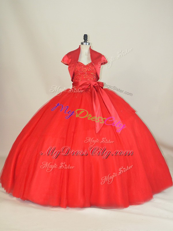 Sweetheart Sleeveless Lace Up 15 Quinceanera Dress Red Tulle