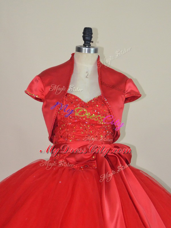 Sweetheart Sleeveless Lace Up 15 Quinceanera Dress Red Tulle