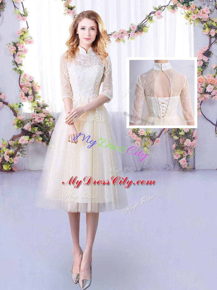 Customized High-neck Half Sleeves Tulle Dama Dress Lace Lace Up