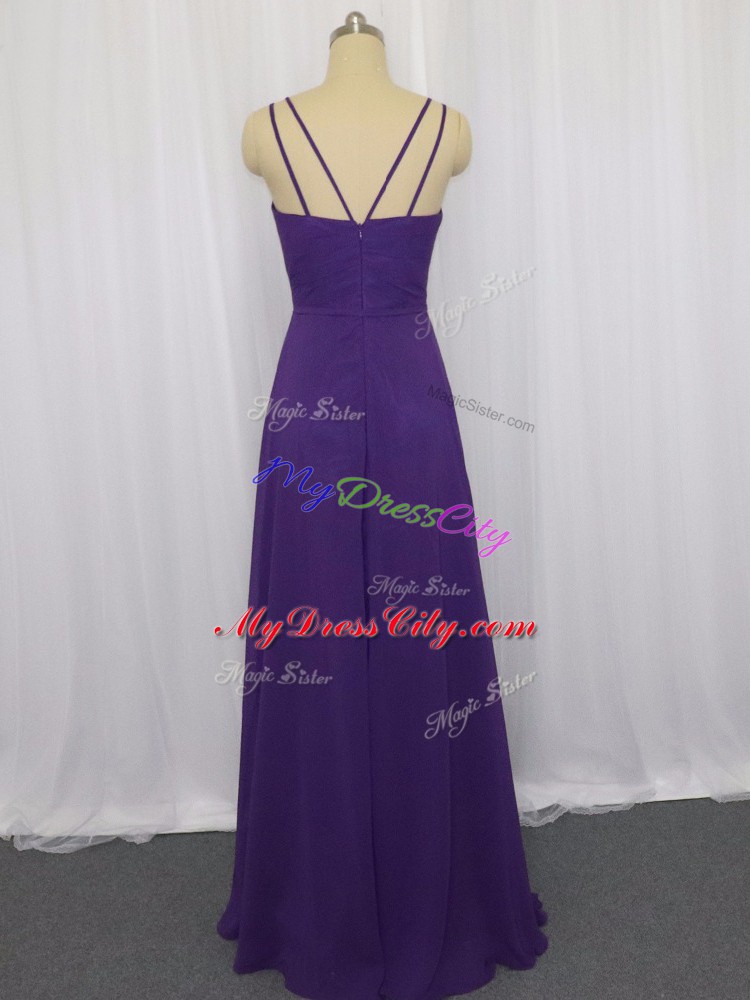 Superior Purple Chiffon Zipper Straps Sleeveless Floor Length Evening Outfits Ruching