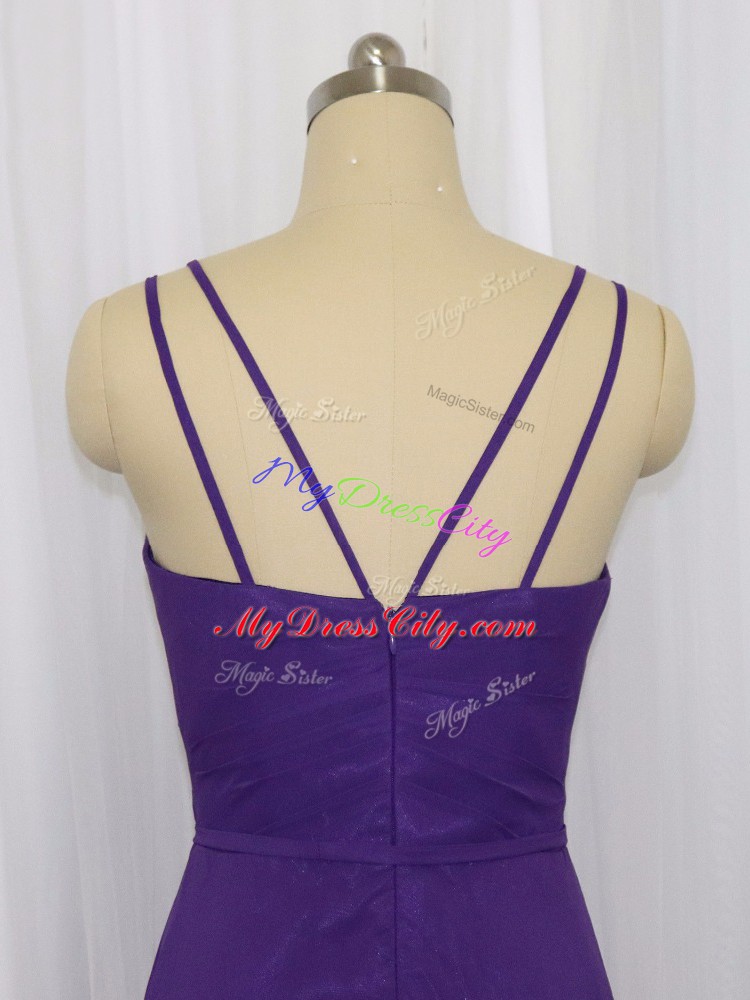 Superior Purple Chiffon Zipper Straps Sleeveless Floor Length Evening Outfits Ruching