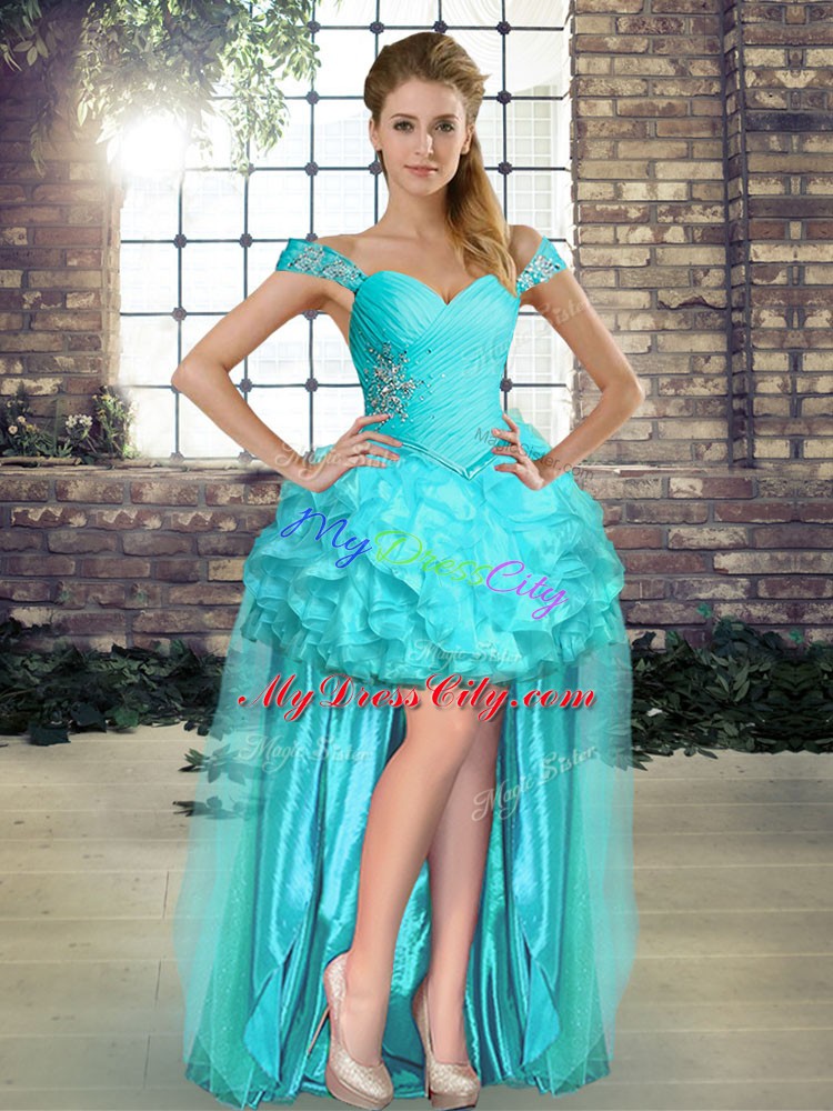 Sleeveless High Low Beading and Ruffles Lace Up Prom Dress with Aqua Blue