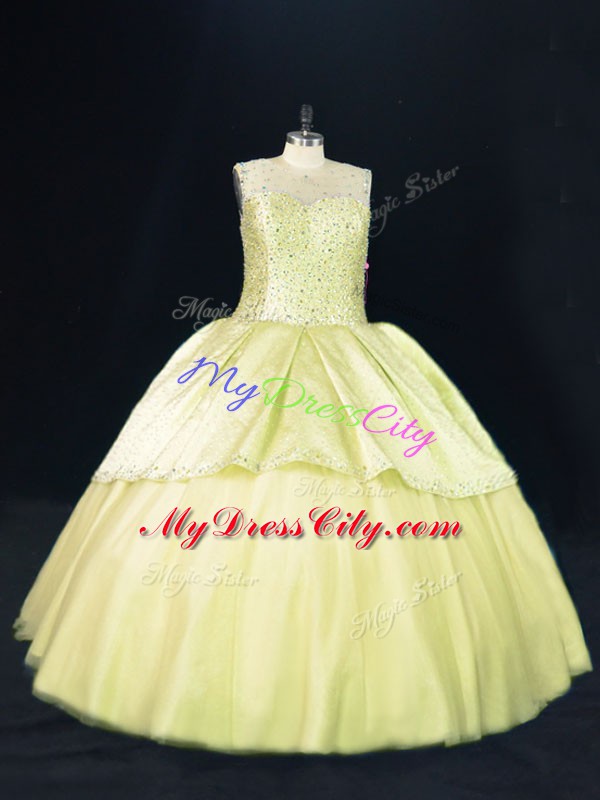 Yellow Green Scoop Neckline Beading 15th Birthday Dress Sleeveless Lace Up