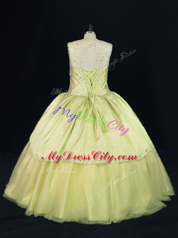 Yellow Green Scoop Neckline Beading 15th Birthday Dress Sleeveless Lace Up