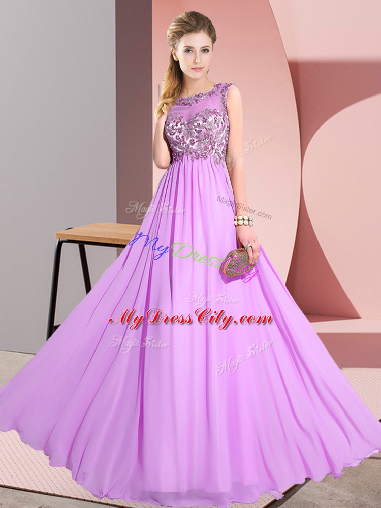 Lilac Scoop Neckline Beading and Appliques Wedding Party Dress Sleeveless Backless