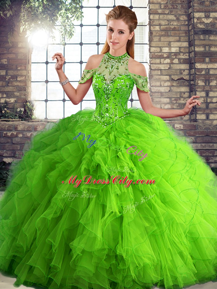 Fashionable Green Halter Top Lace Up Beading and Ruffles Quinceanera Dresses Sleeveless