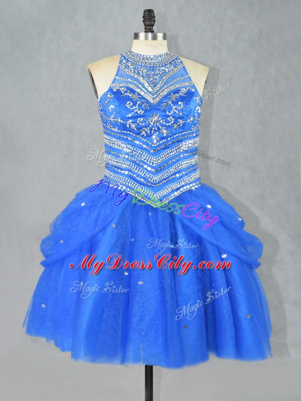 Luxurious Blue Halter Top Neckline Beading Prom Evening Gown Sleeveless Lace Up
