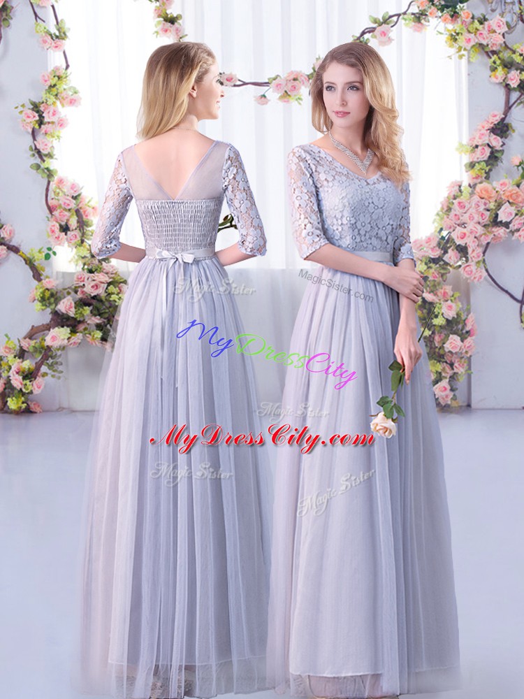 Grey Half Sleeves Tulle Side Zipper Quinceanera Court of Honor Dress for Wedding Party