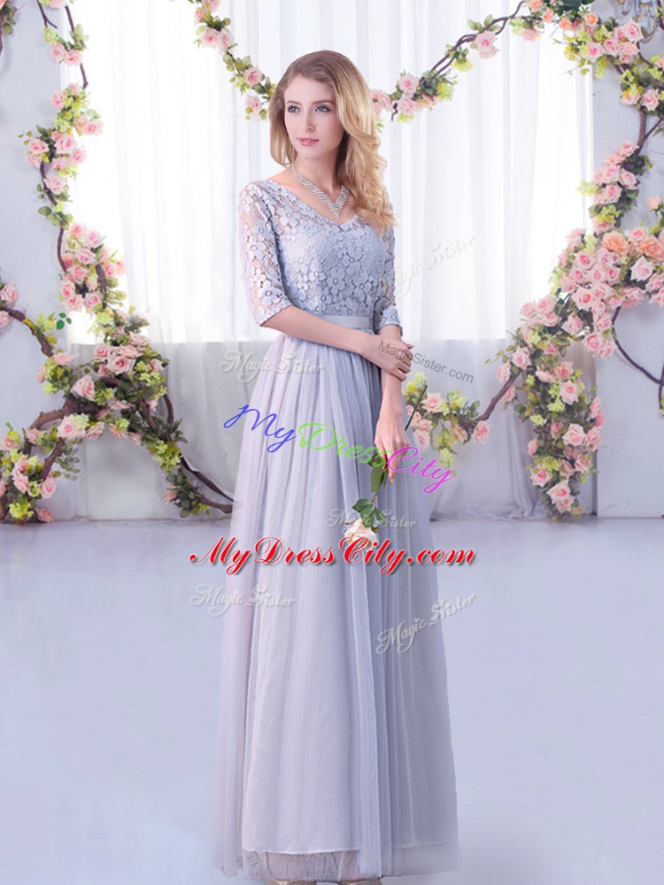 Grey Half Sleeves Tulle Side Zipper Quinceanera Court of Honor Dress for Wedding Party