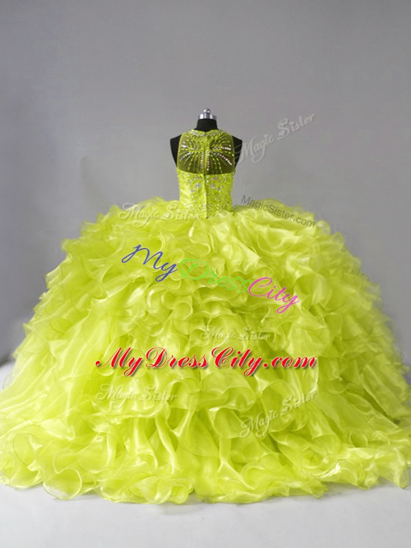Yellow Green Ball Gowns Halter Top Sleeveless Organza Brush Train Zipper Beading and Ruffles Vestidos de Quinceanera