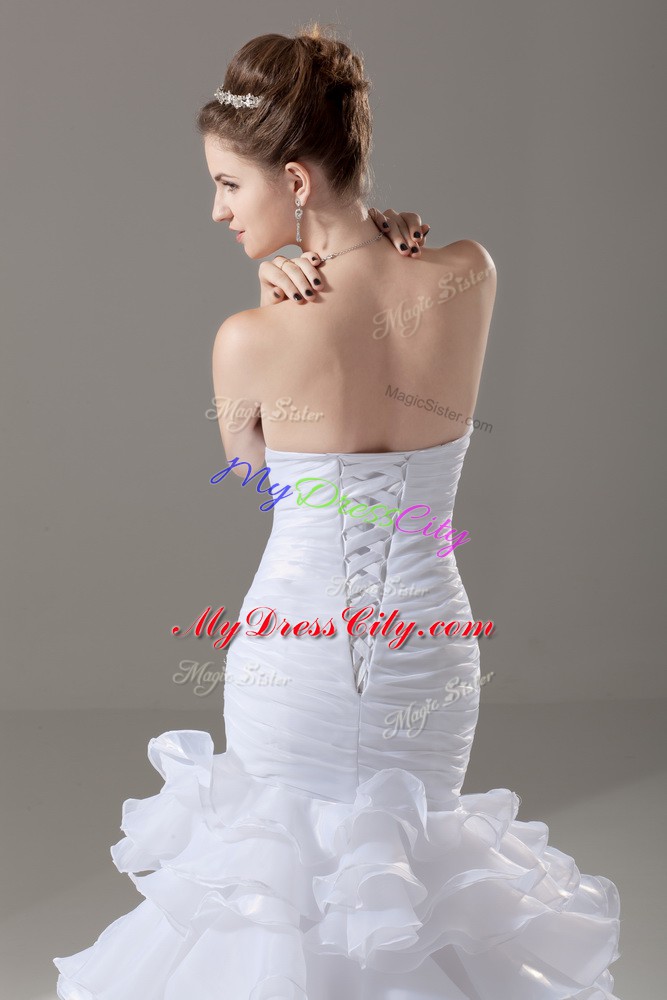 Fancy White Mermaid Beading and Ruffled Layers Wedding Dresses Lace Up Organza Sleeveless
