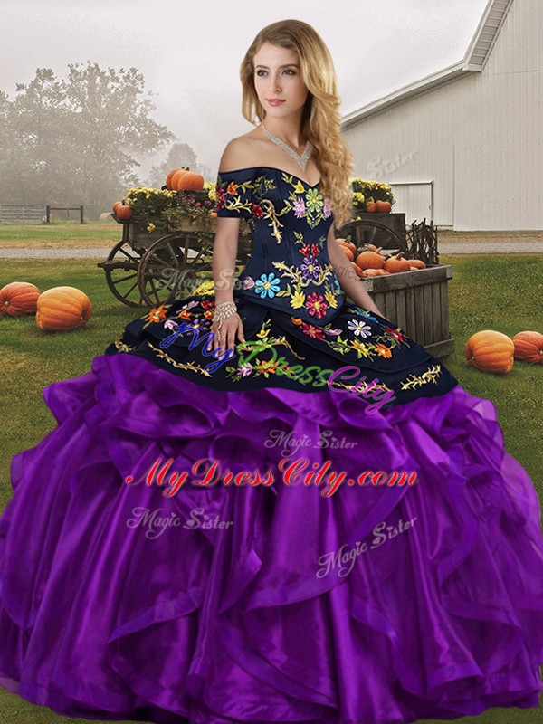 Edgy Off The Shoulder Sleeveless Vestidos de Quinceanera Floor Length Embroidery and Ruffles Black And Purple Organza