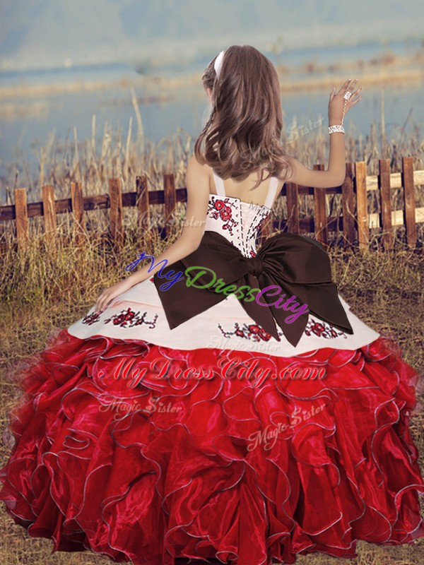 Stylish Straps Lace Up Embroidery and Ruffles Kids Pageant Dress Sleeveless