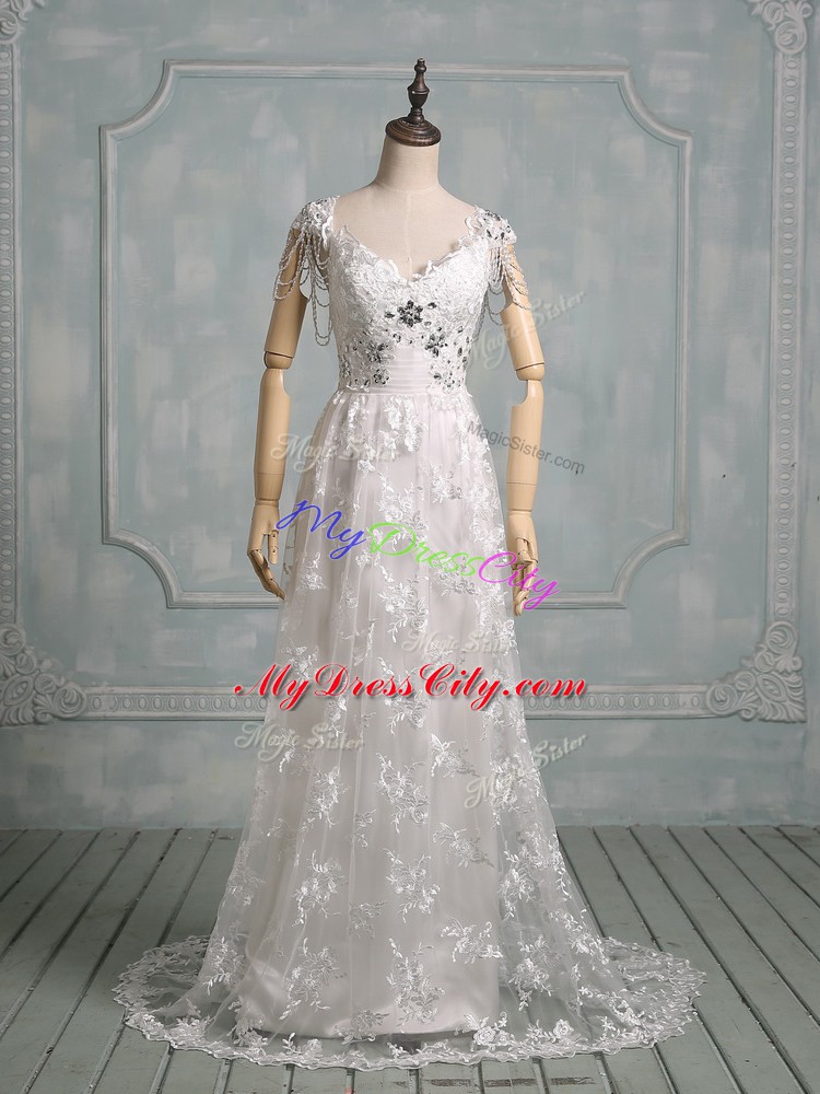 Traditional White Cap Sleeves Lace Brush Train Side Zipper Wedding Dresses for Wedding Party