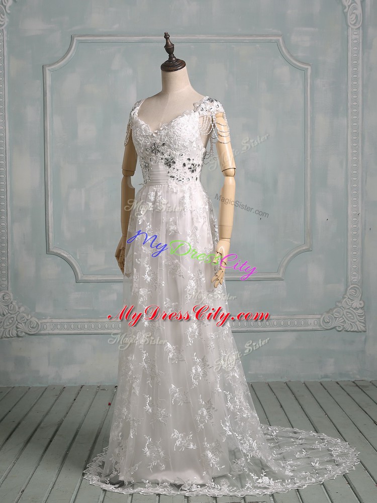 Traditional White Cap Sleeves Lace Brush Train Side Zipper Wedding Dresses for Wedding Party
