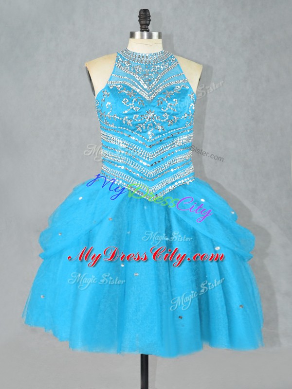 Unique Mini Length Lace Up Prom Evening Gown Aqua Blue for Prom and Party with Beading