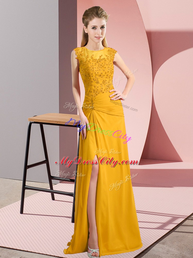 Flare Beading Prom Party Dress Gold Zipper Sleeveless Floor Length