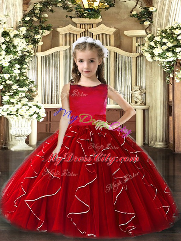 Sleeveless Tulle Floor Length Lace Up Child Pageant Dress in Red with Ruffles