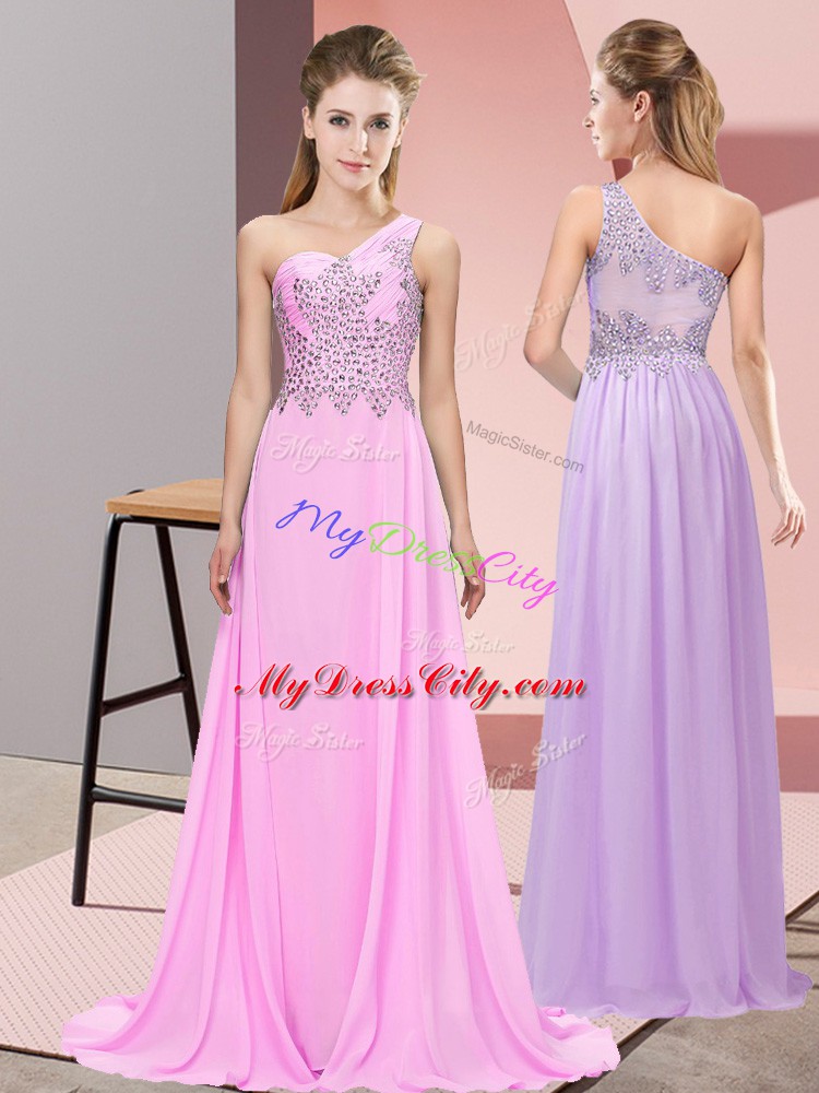 Fantastic Pink Sleeveless Floor Length Beading Side Zipper Homecoming Dress