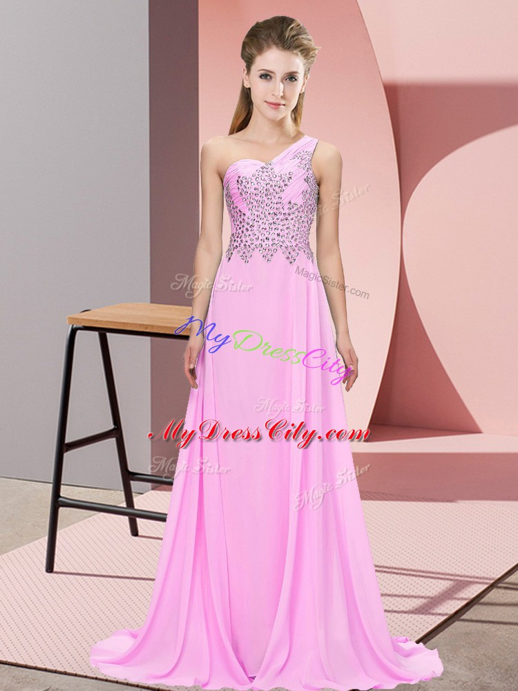 Fantastic Pink Sleeveless Floor Length Beading Side Zipper Homecoming Dress