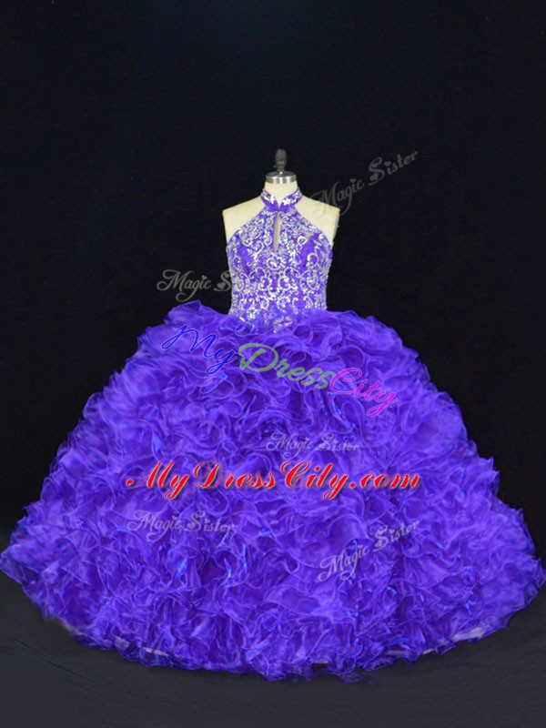 Purple Halter Top Lace Up Beading and Ruffles 15 Quinceanera Dress Sleeveless