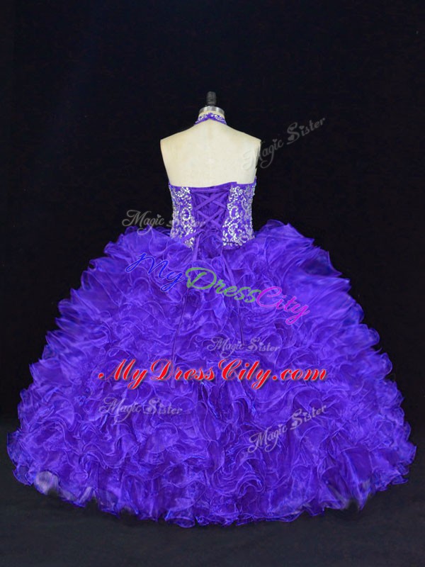 Purple Halter Top Lace Up Beading and Ruffles 15 Quinceanera Dress Sleeveless