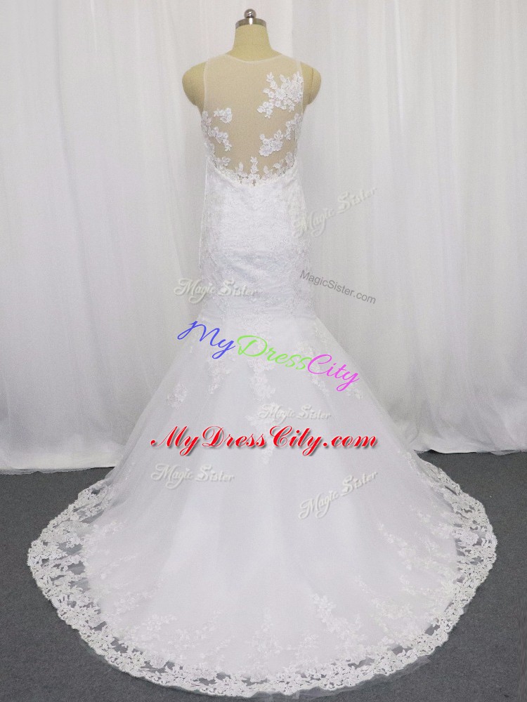 Beautiful Sleeveless Brush Train Side Zipper Lace Wedding Gowns