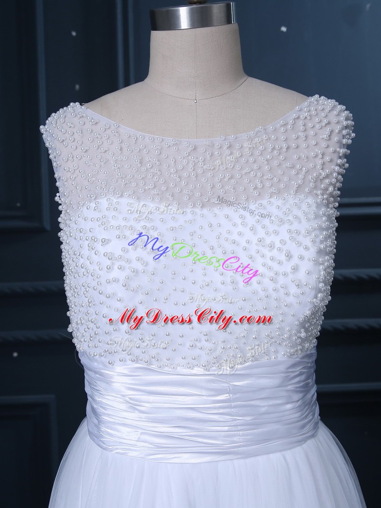 Scoop Sleeveless Lace Up Wedding Dress White Tulle