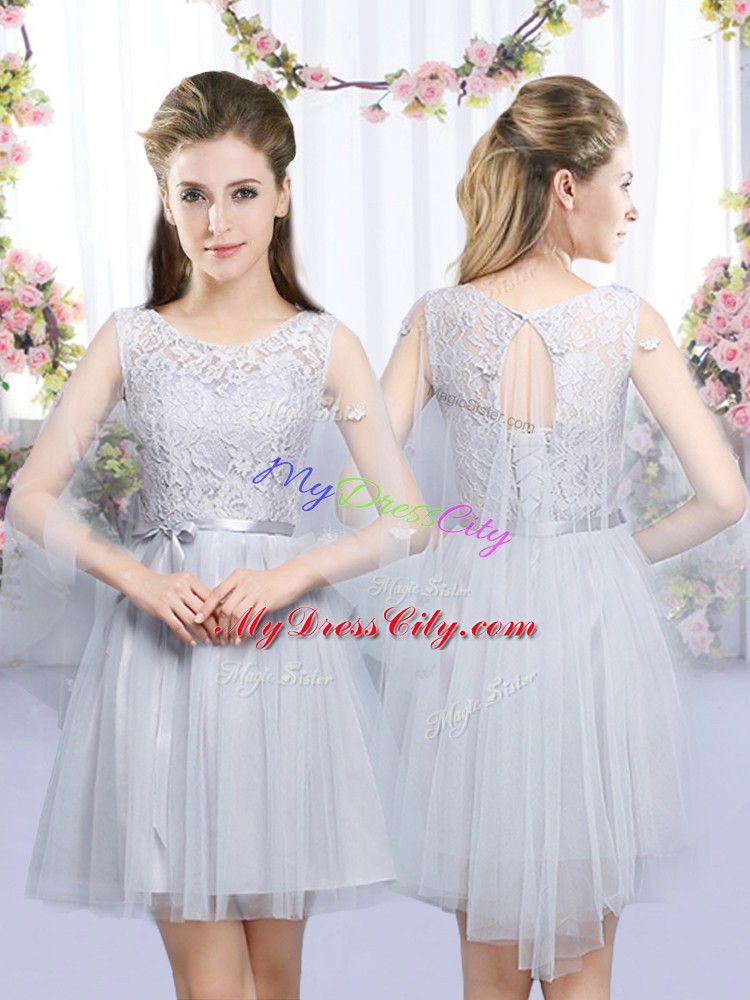 Designer Grey Half Sleeves Lace and Belt Mini Length Quinceanera Court of Honor Dress