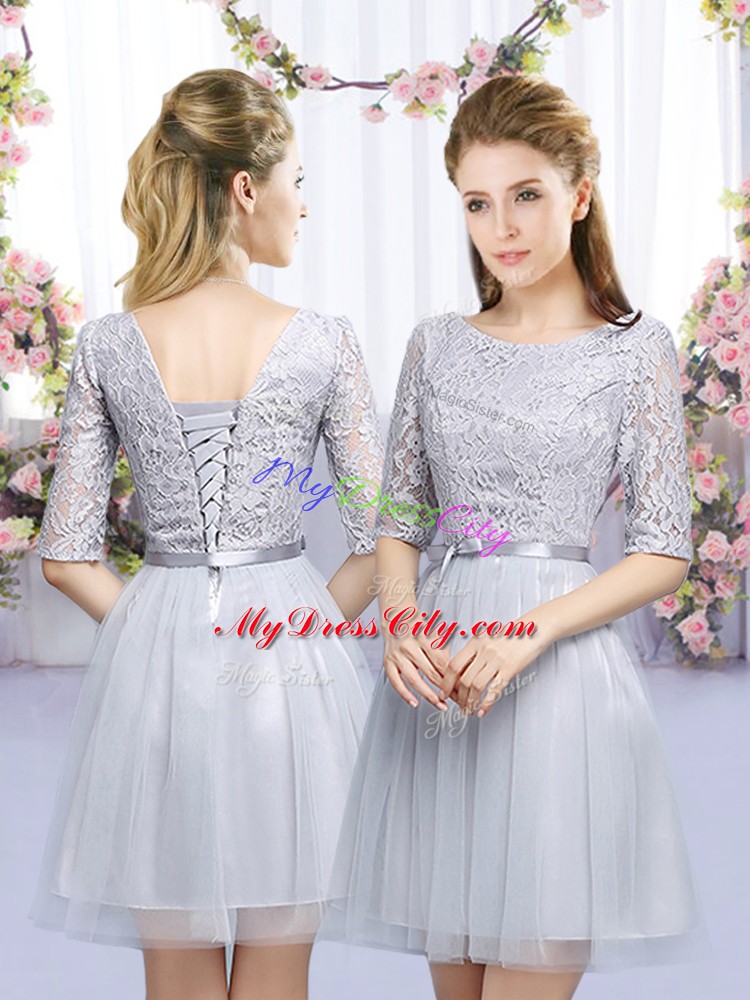 Designer Grey Half Sleeves Lace and Belt Mini Length Quinceanera Court of Honor Dress
