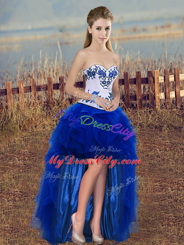 Romantic Royal Blue Tulle Lace Up Sweetheart Sleeveless High Low Dress for Prom Embroidery and Ruffles