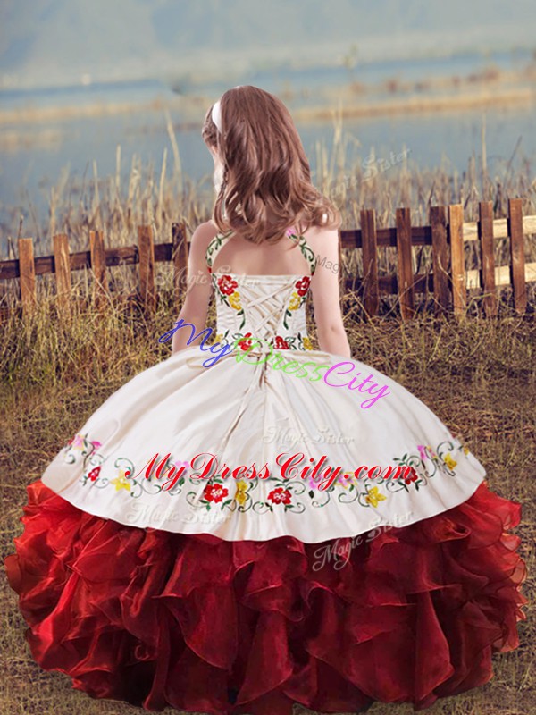 Fashionable Green Ball Gowns Scoop Sleeveless Organza Floor Length Lace Up Embroidery and Ruffles Little Girls Pageant Gowns