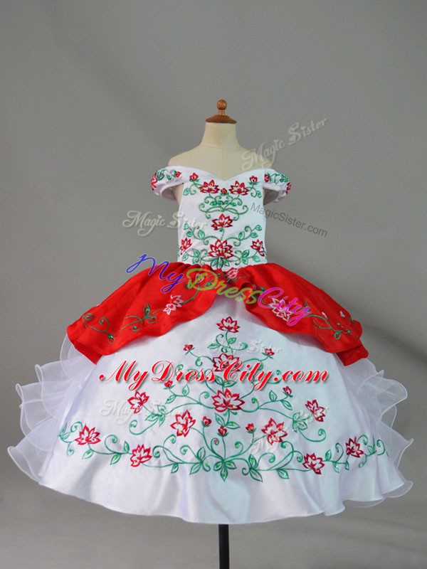 Beautiful White And Red Sleeveless Satin and Organza Lace Up Pageant Dress for Girls for Wedding Party