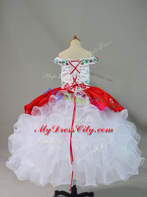 Beautiful White And Red Sleeveless Satin and Organza Lace Up Pageant Dress for Girls for Wedding Party