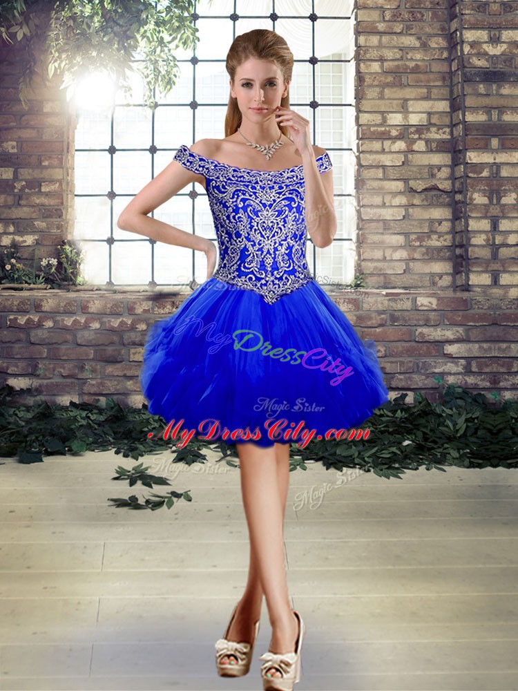 Flare Royal Blue Ball Gowns Beading Celebrity Inspired Dress Lace Up Tulle Sleeveless Mini Length
