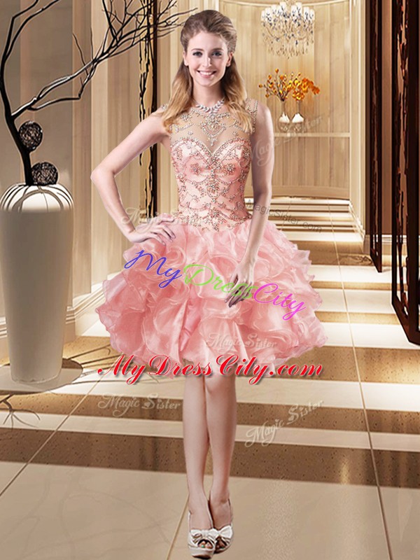 Mini Length Pink Dress for Prom Scoop Sleeveless Lace Up