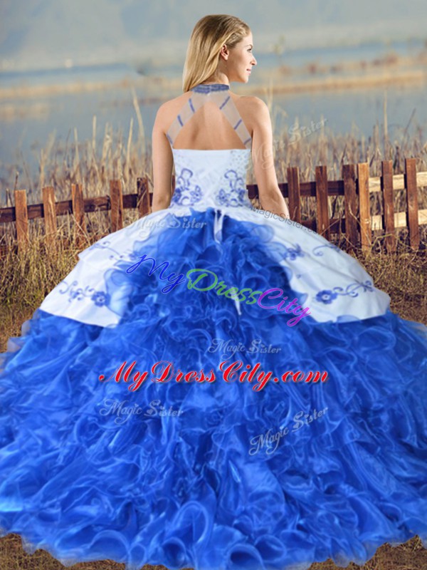 Sleeveless Court Train Lace Up Embroidery and Ruffles Sweet 16 Dress