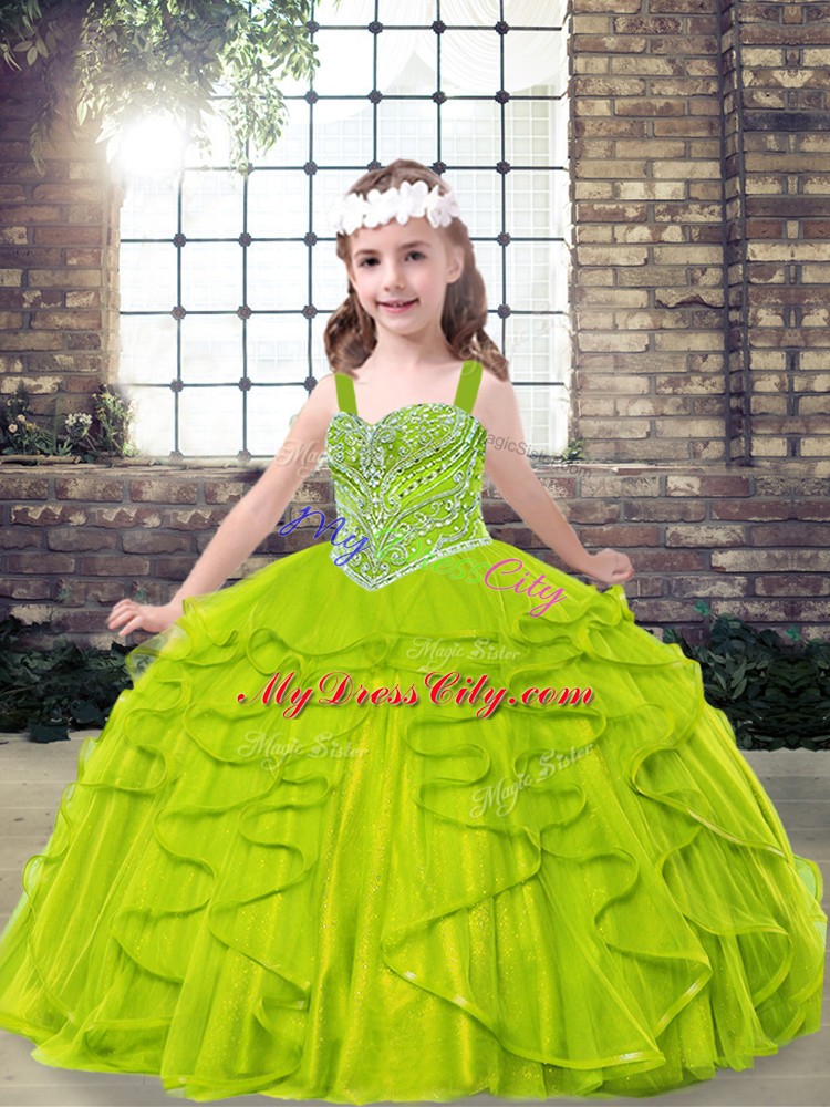 Custom Designed Straps Sleeveless Little Girl Pageant Gowns Floor Length Beading and Ruffles Tulle