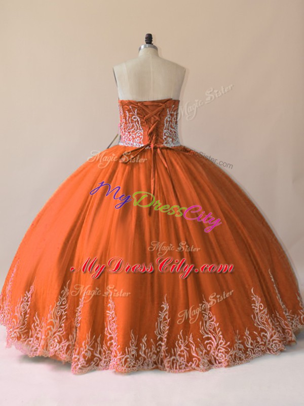 Simple Orange Sleeveless Embroidery Floor Length Sweet 16 Dress
