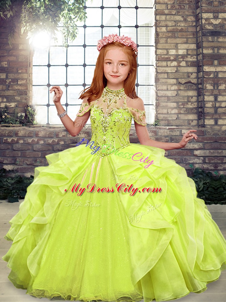 Yellow Green Organza Lace Up Custom Made Pageant Dress Sleeveless Floor Length Beading