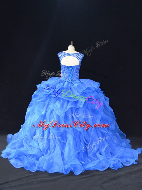 New Arrival Blue Lace Up Vestidos de Quinceanera Beading and Ruffles Sleeveless Brush Train
