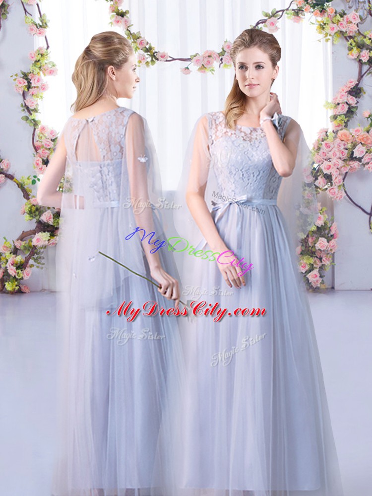 Captivating Sleeveless Tulle Floor Length Lace Up Bridesmaid Dresses in Grey with Lace
