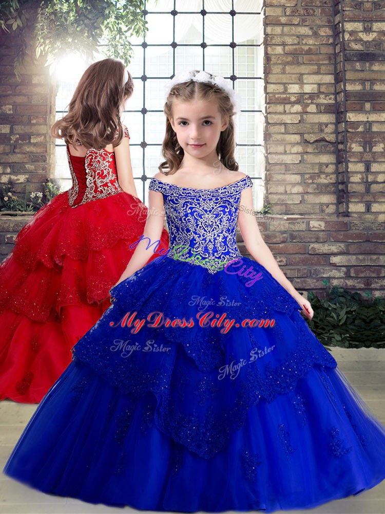 Royal Blue Lace Up Off The Shoulder Sleeveless Floor Length Pageant Dress Toddler Beading and Appliques