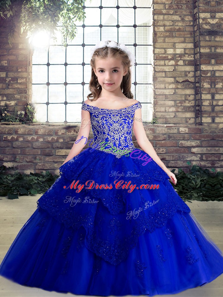 Royal Blue Lace Up Off The Shoulder Sleeveless Floor Length Pageant Dress Toddler Beading and Appliques
