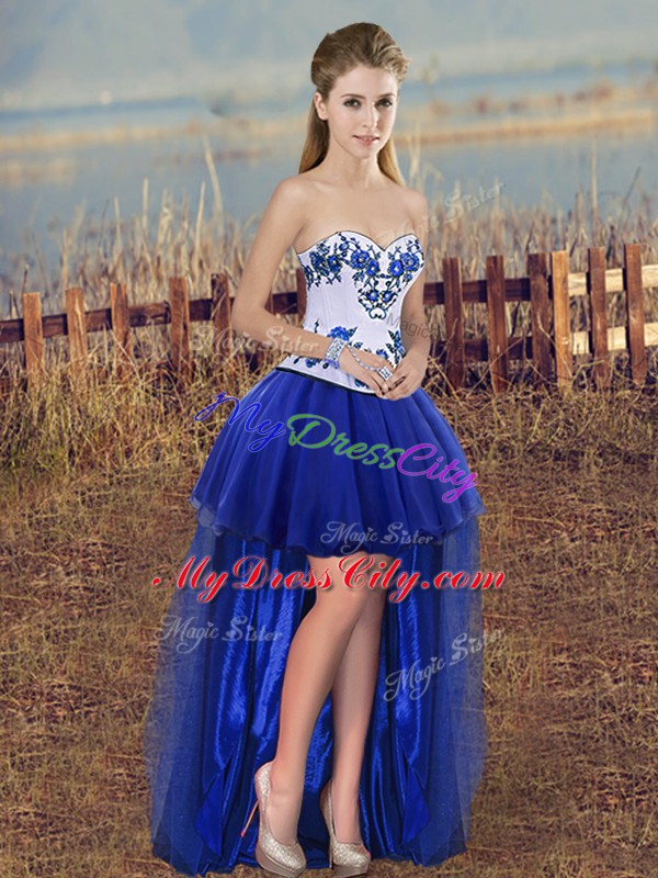 Sweetheart Sleeveless Evening Dress High Low Embroidery Royal Blue Tulle