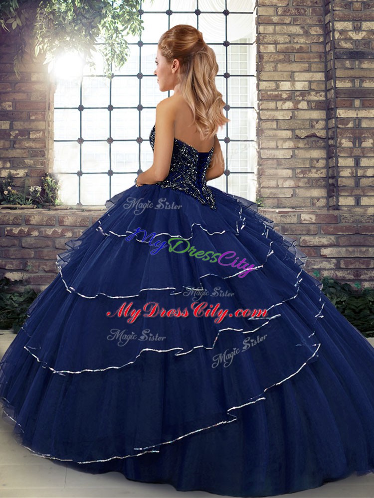 Yellow Lace Up Sweetheart Beading and Ruffled Layers Quinceanera Gown Tulle Sleeveless Brush Train
