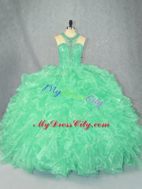 Beading and Ruffles Sweet 16 Dress Apple Green Zipper Sleeveless Floor Length