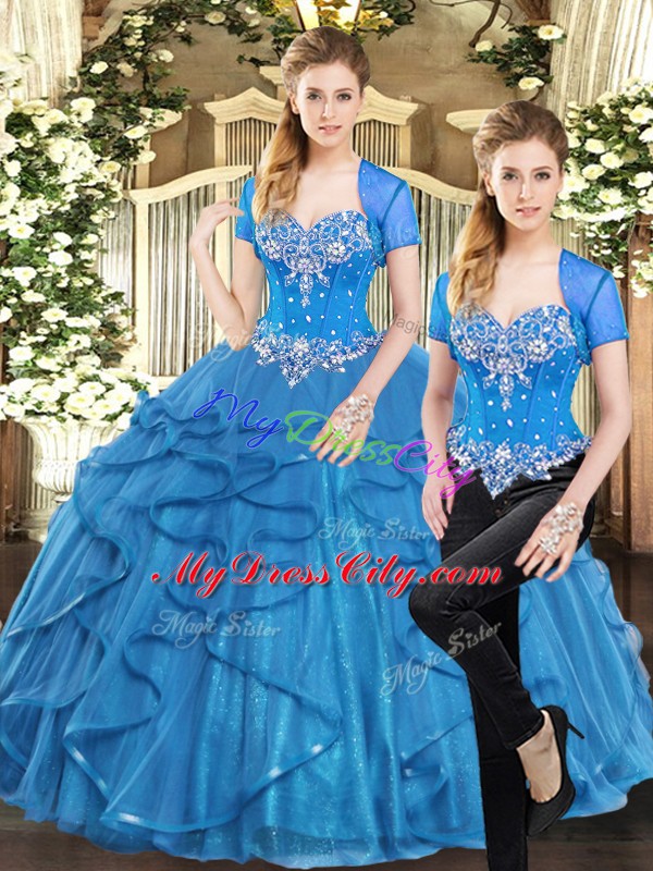Shining Floor Length Blue Quinceanera Gown Tulle Sleeveless Beading and Ruffles